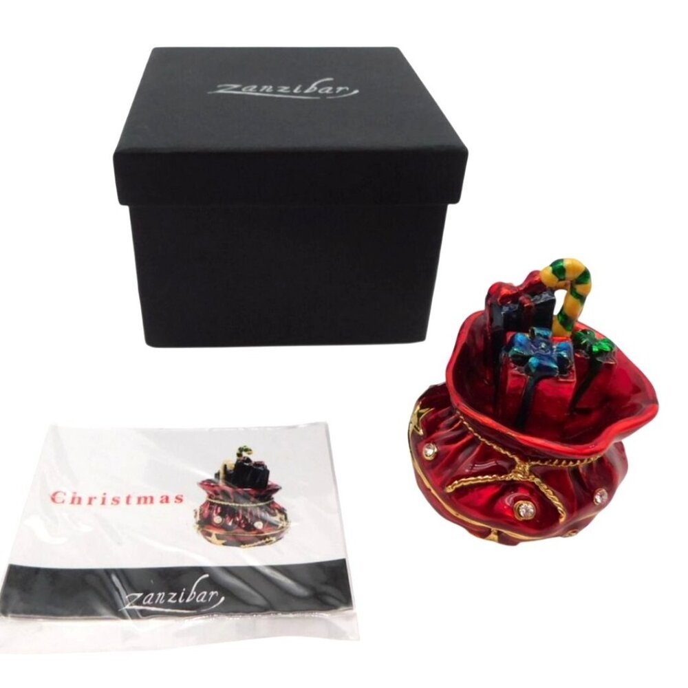 Zanzibar Christmas Enamel Santa's Sack Bag Red Trinket Box